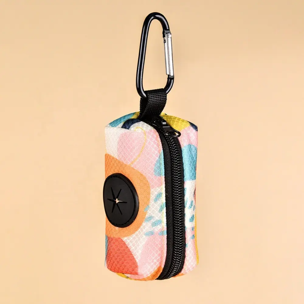Portable Colorful Print Dog Poop Bag Dispenser Zipper with Buckle Waste Bag Organizer Hangable Garbage Bags Holder Pet Supplies