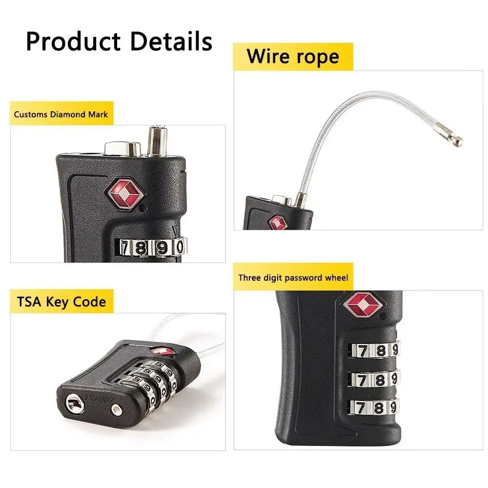 Fashion TSA 3 Digit Combination Lock Anti-theft Padlock Suitcase Luggage Coded Lock Security Tool Wire Rope Cabinet Lock Travel