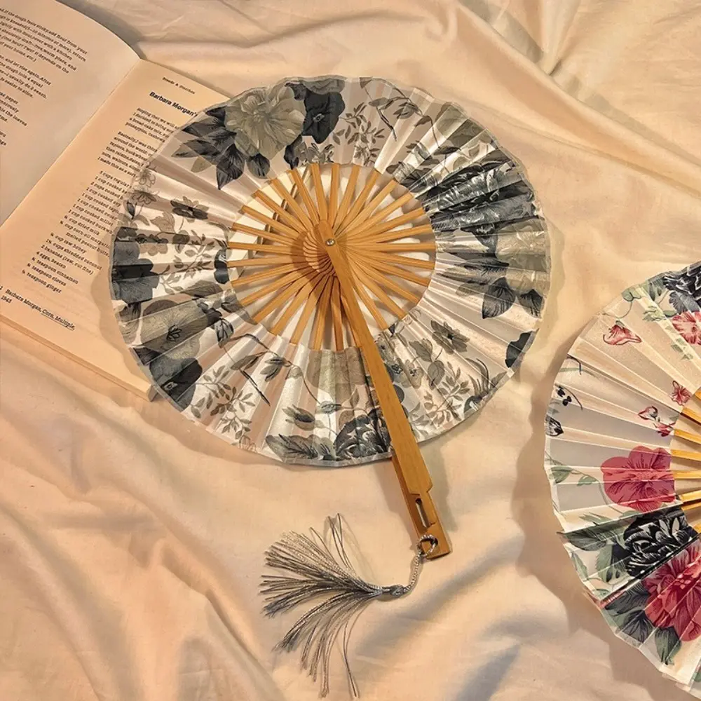 Chinese Style Hand Fold Fan Silk Tassel Elegent Silk Flower Folding Fan Bamboo Dance Props Retro Classical Dance Fan