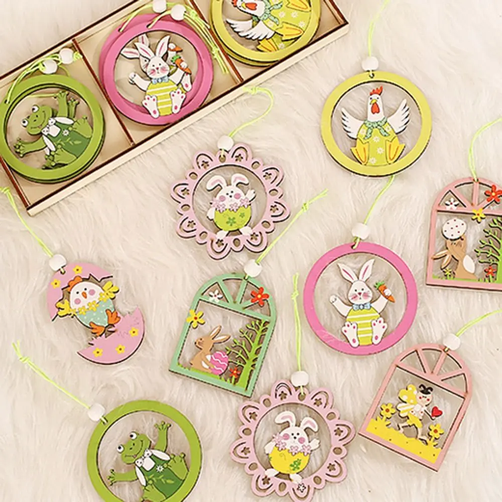9pcs New Happy Easter Gnomes Wooden Pendants Wood Bunny Egg Hanging Oranment Carrot Chick Easter Craft Spring