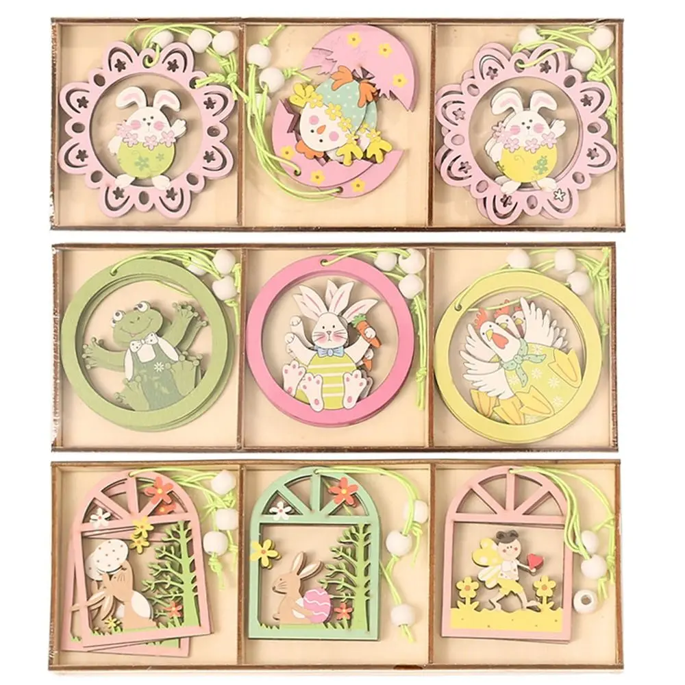 9pcs New Happy Easter Gnomes Wooden Pendants Wood Bunny Egg Hanging Oranment Carrot Chick Easter Craft Spring