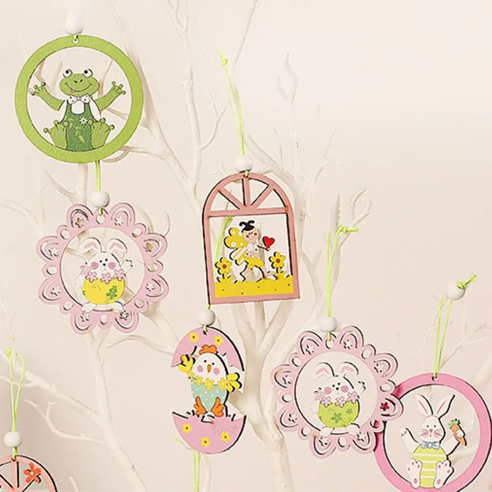 9pcs New Happy Easter Gnomes Wooden Pendants Wood Bunny Egg Hanging Oranment Carrot Chick Easter Craft Spring