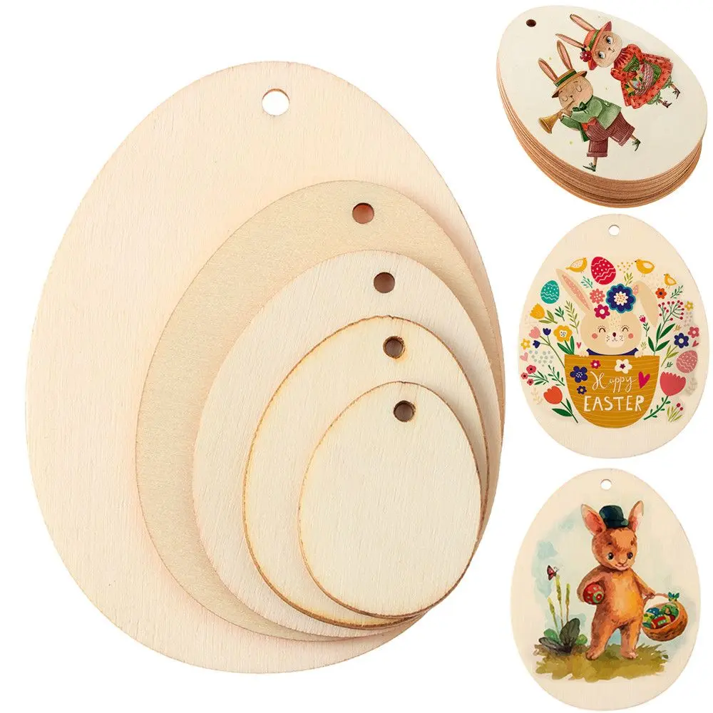 10/25/50Pcs Easter Egg Shape Wood Slices DIY Graffiti Painting Hanging Pendants Handcraft Wooden Ornament Easter Home Decor