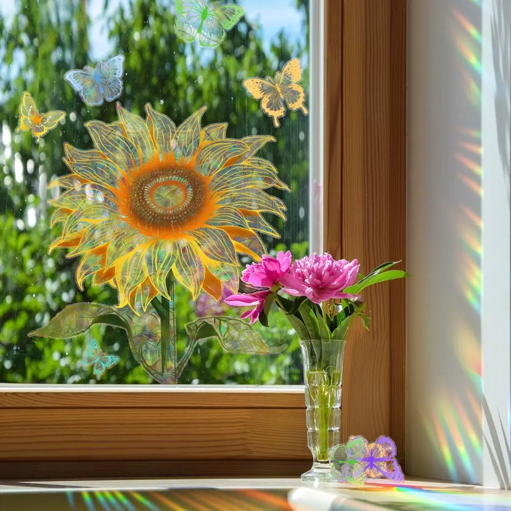 Colorful Sun Catcher Window Stickers Floral Butterfly Rainbow Prisms Sun Flower Decals PVC Waterproof Glass Static Sticker