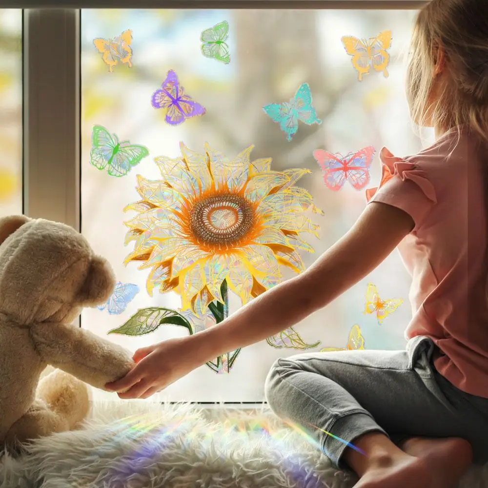 Colorful Sun Catcher Window Stickers Floral Butterfly Rainbow Prisms Sun Flower Decals PVC Waterproof Glass Static Sticker