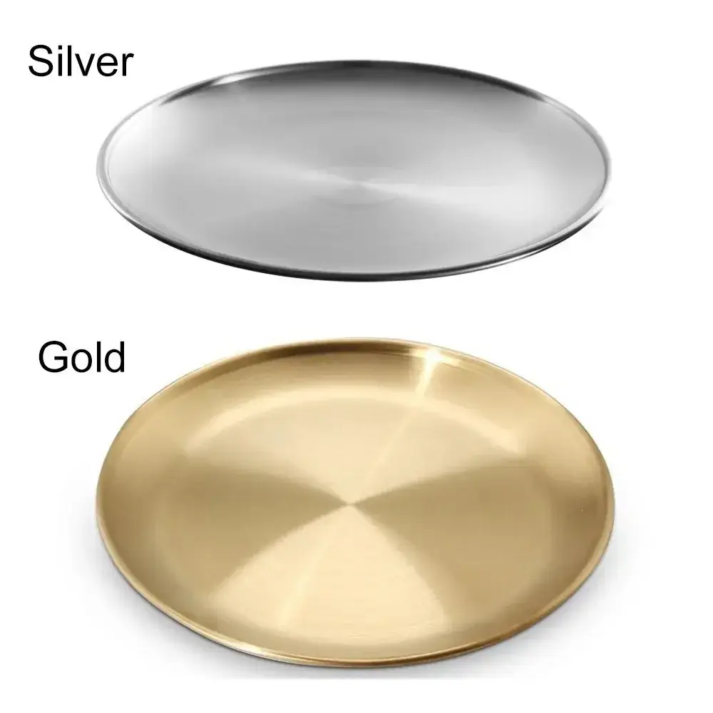 14/17/20/23/26CM Gold Silver Fruit Meat Cake Dessert Shallow Tray Round Plate Metal Dining Disc Bone Spitting Dish