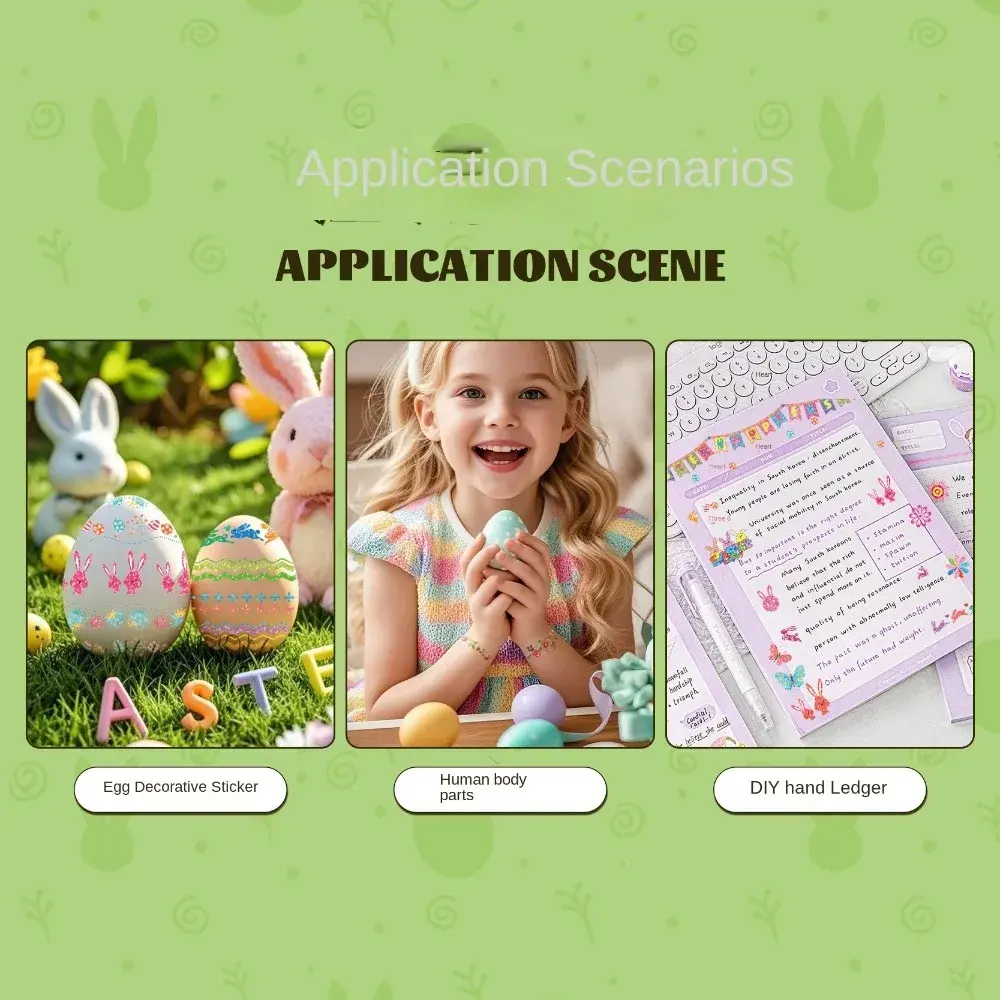 16 Sheets Disposable Easter Egg Stickers Glitter Colorful Stripes Tattoo Stickers Cartoon Bunny Flower Stationery Stickers
