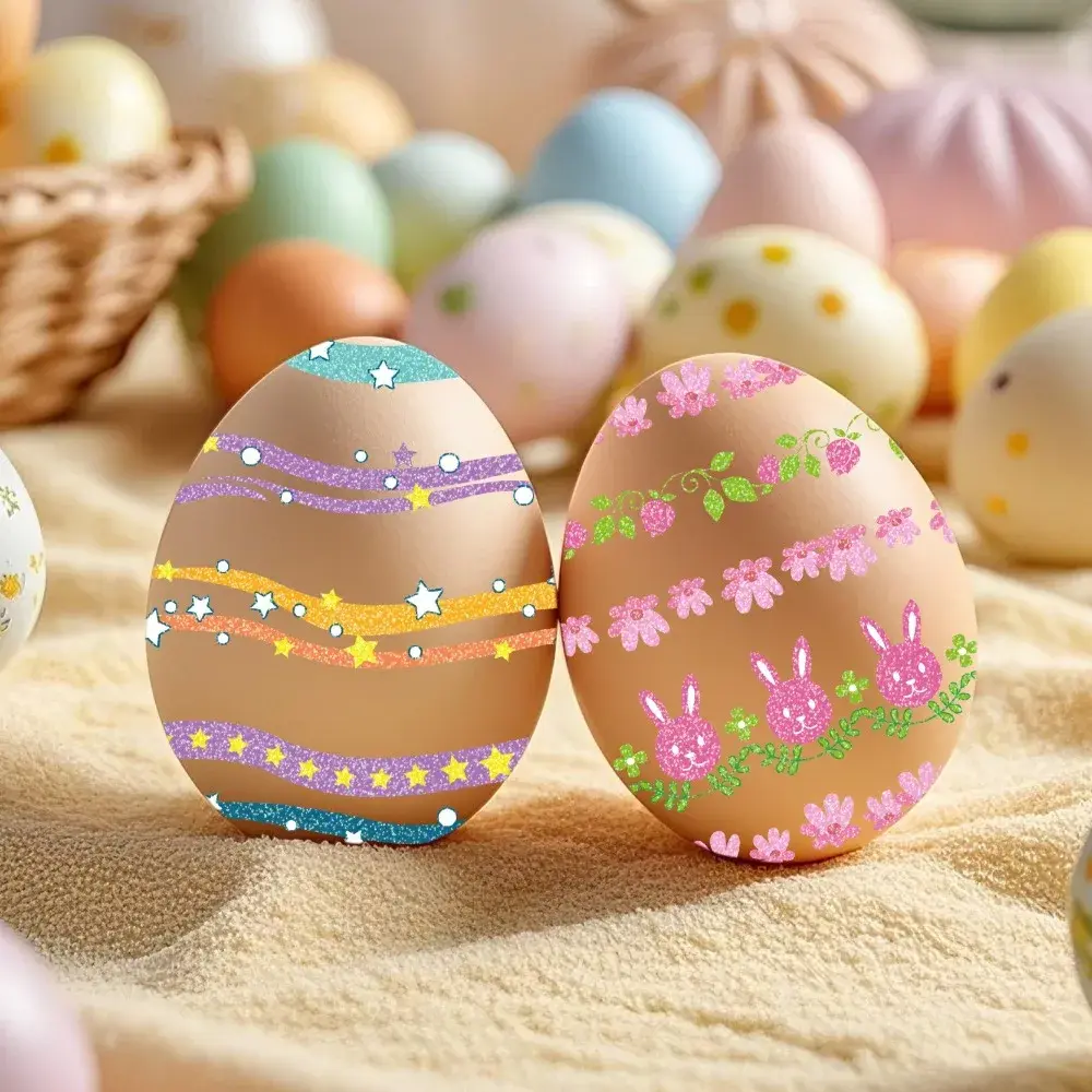 16 Sheets Disposable Easter Egg Stickers Glitter Colorful Stripes Tattoo Stickers Cartoon Bunny Flower Stationery Stickers
