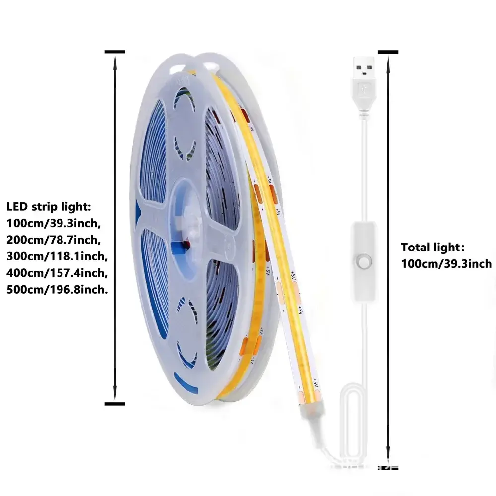 High Density Flexible COB Led Strip Lights White USB Powered USB 5V Led Lights Warm White Tape Lights Home