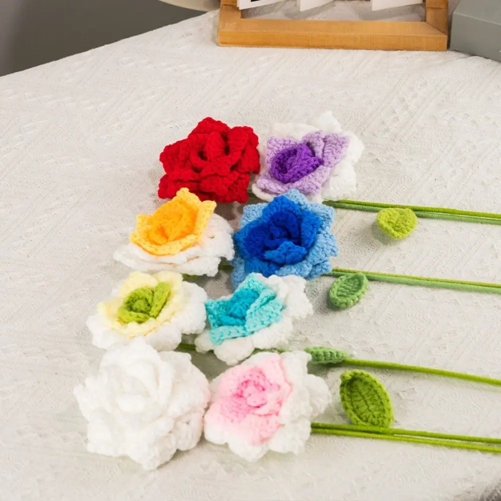 Pointed Leaf Crochet Rose Flower DIY Graduation Bouquet Romantic Knitting Flowers Photo Props Handmade Flower Crochet Bouquet