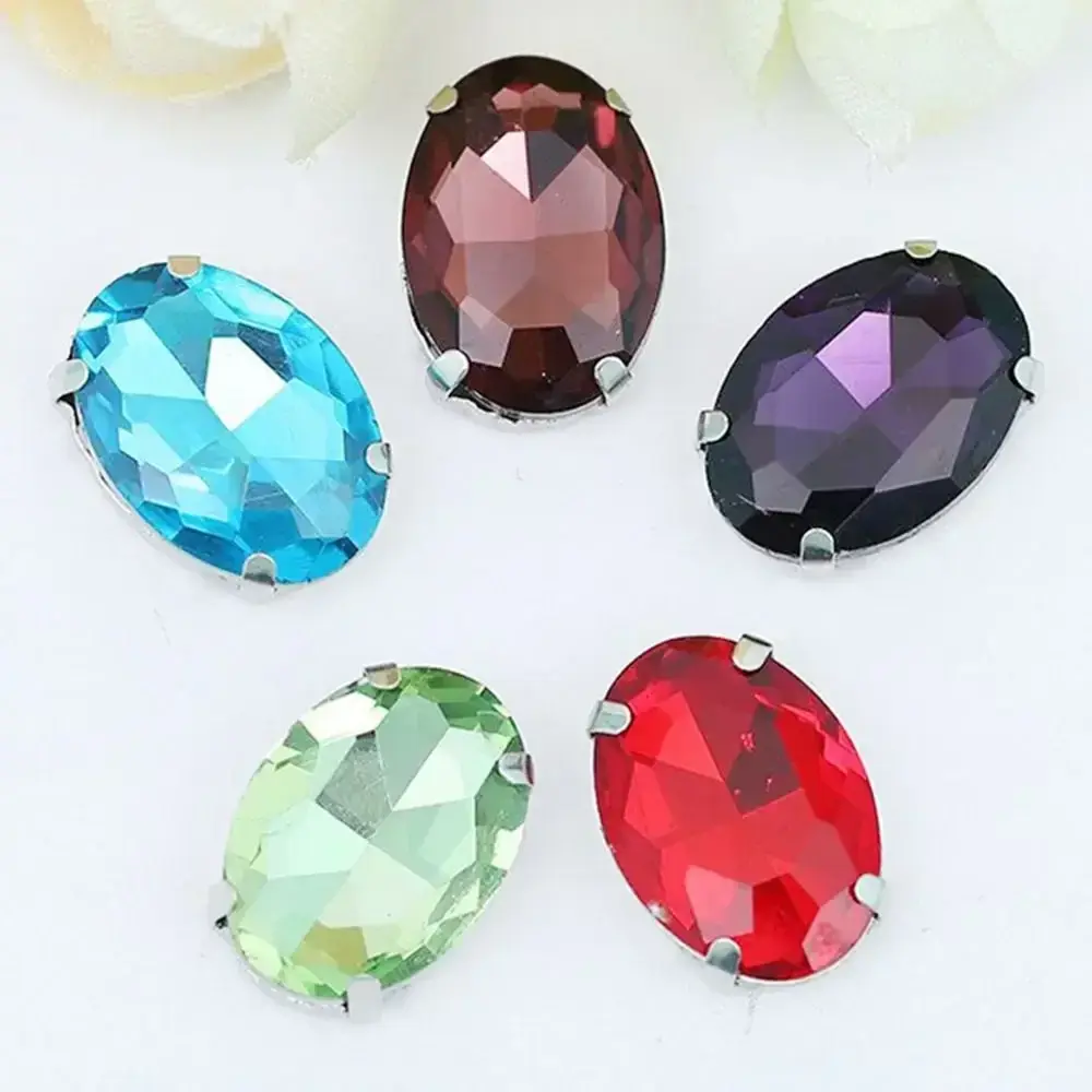 50Pcs/Pack Egg Shape Glitter Sewing Rhinestones Sew On 10x14mm Glass Crystal Stones With Silver Claw Diamond Beads Ornament