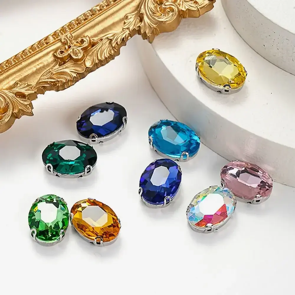 50Pcs/Pack Egg Shape Glitter Sewing Rhinestones Sew On 10x14mm Glass Crystal Stones With Silver Claw Diamond Beads Ornament
