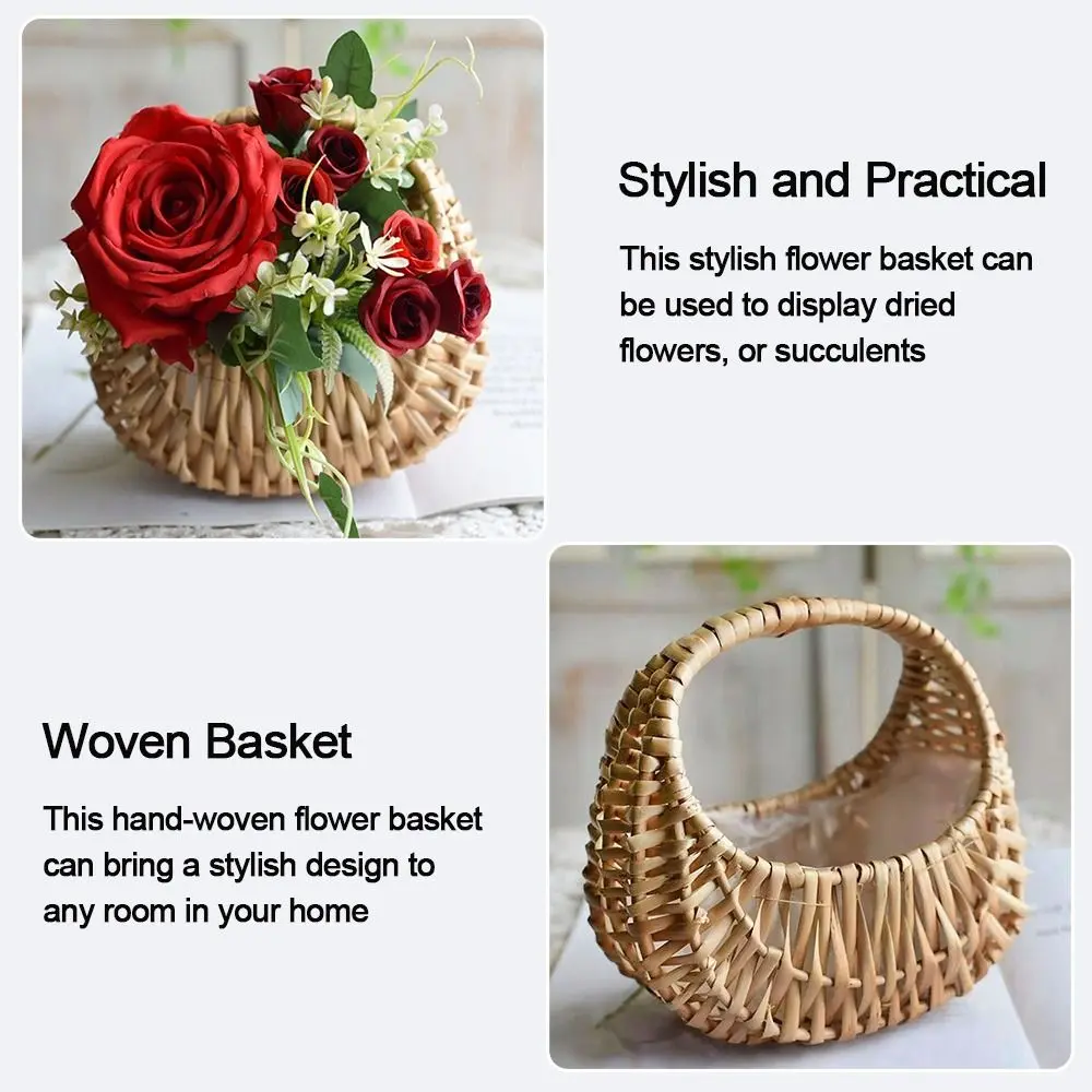 Willow Rattan Flower Girl Baskets Sturdy Woven Basket Flower Arrangement Basket Yellow Picnic Container Wicker Half Moon Baskets