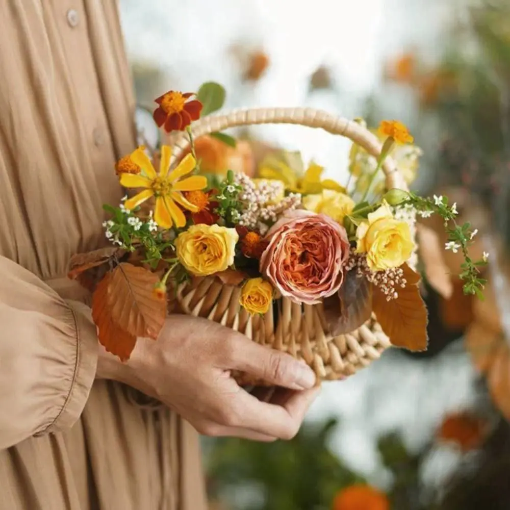 Willow Rattan Flower Girl Baskets Sturdy Woven Basket Flower Arrangement Basket Yellow Picnic Container Wicker Half Moon Baskets