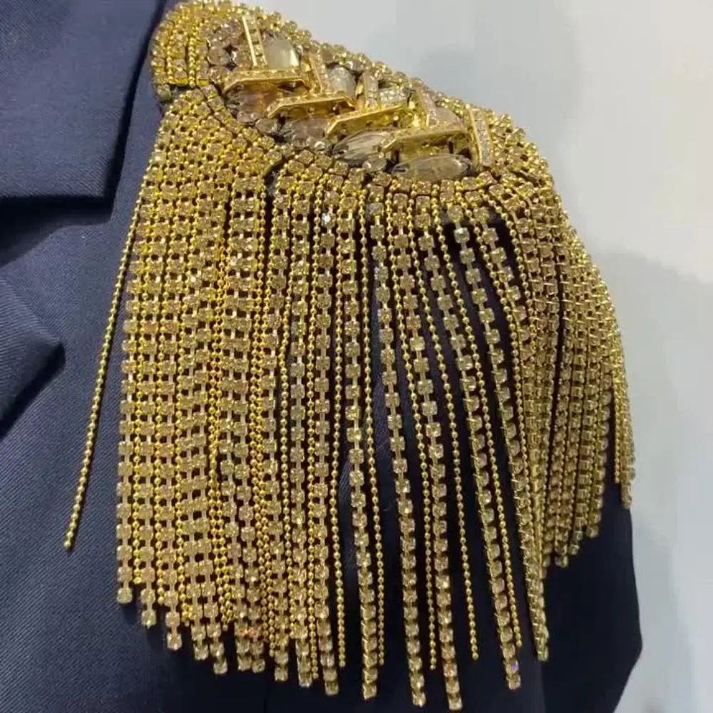 New Rhinestone Shoulder Tassel Epaulet Long Chain Detachable Shoulder Epaulettes Gold Badge Jewelry