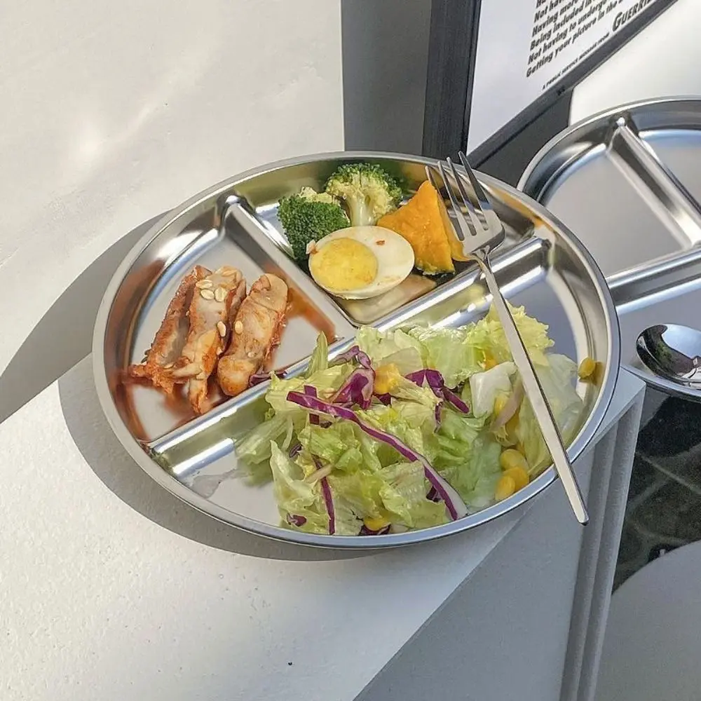 304 Stainless Steel Portion Control Plates 9" inch Round Divided Plates for Adults Kids Reusable Food Trays Salad Barbecue Plate