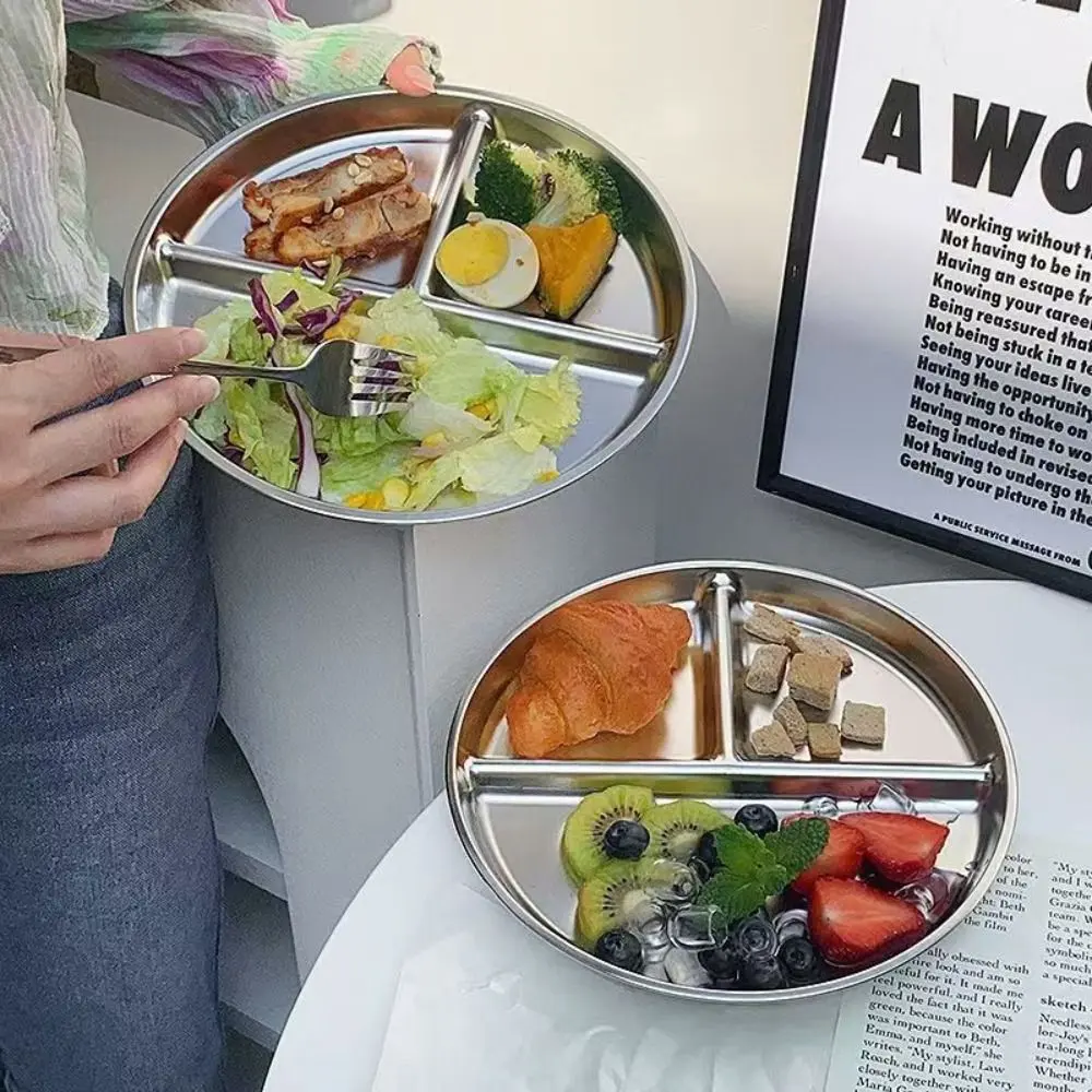 304 Stainless Steel Portion Control Plates 9" inch Round Divided Plates for Adults Kids Reusable Food Trays Salad Barbecue Plate