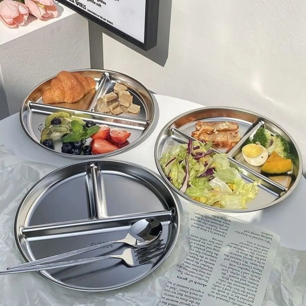 304 Stainless Steel Portion Control Plates 9" inch Round Divided Plates for Adults Kids Reusable Food Trays Salad Barbecue Plate