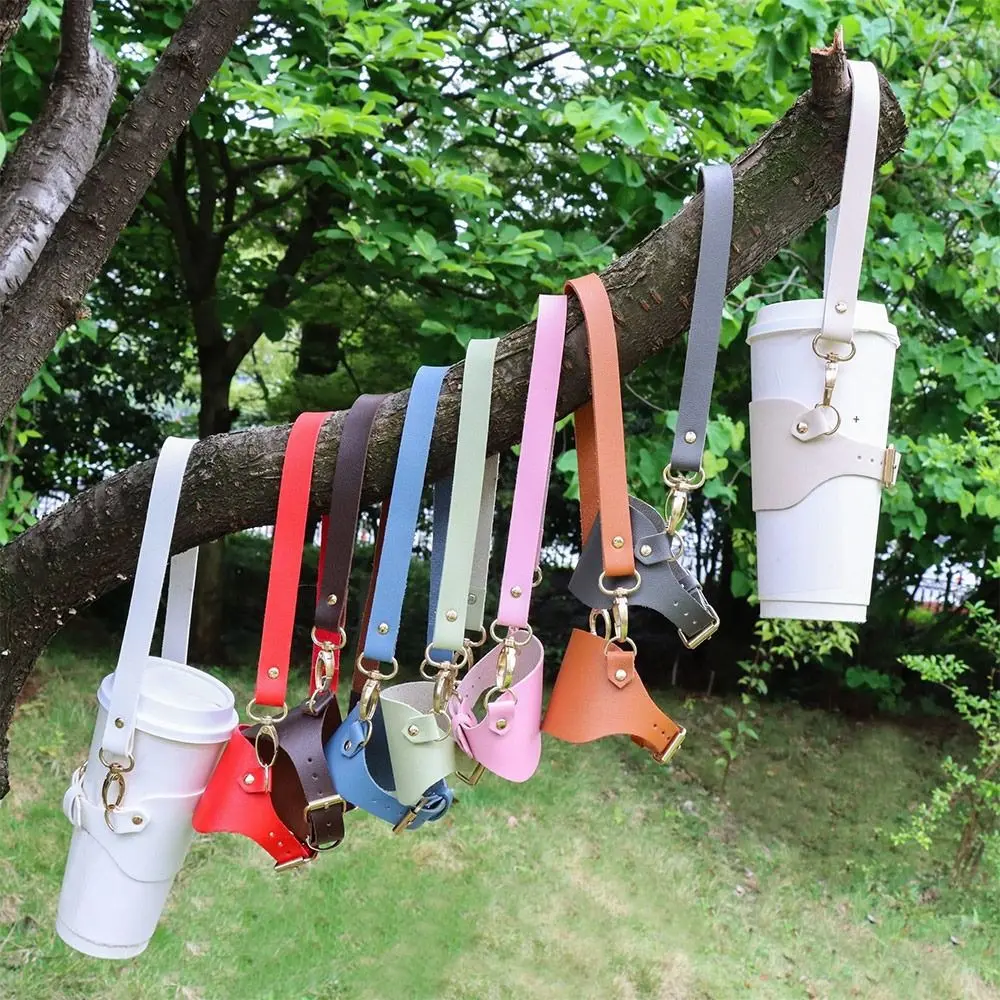 PU Leather Cup Holder Lanyard Travel Portable Water Cup Carrier Strap Multi-Functional Heat-insulated Milk Tea Cup Sleeve