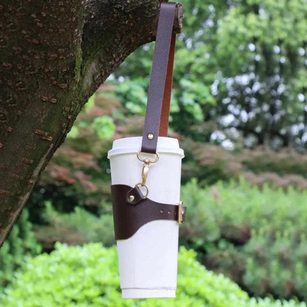 PU Leather Cup Holder Lanyard Travel Portable Water Cup Carrier Strap Multi-Functional Heat-insulated Milk Tea Cup Sleeve