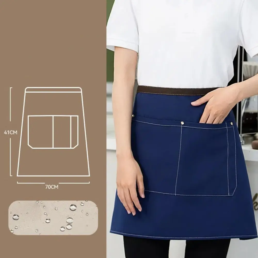 Kitchen Canvas Half Apron Short with Pockets Staff Apron Solid Color Stain-Resistant Waiter Uniform Coffee Shop Hotel Chef