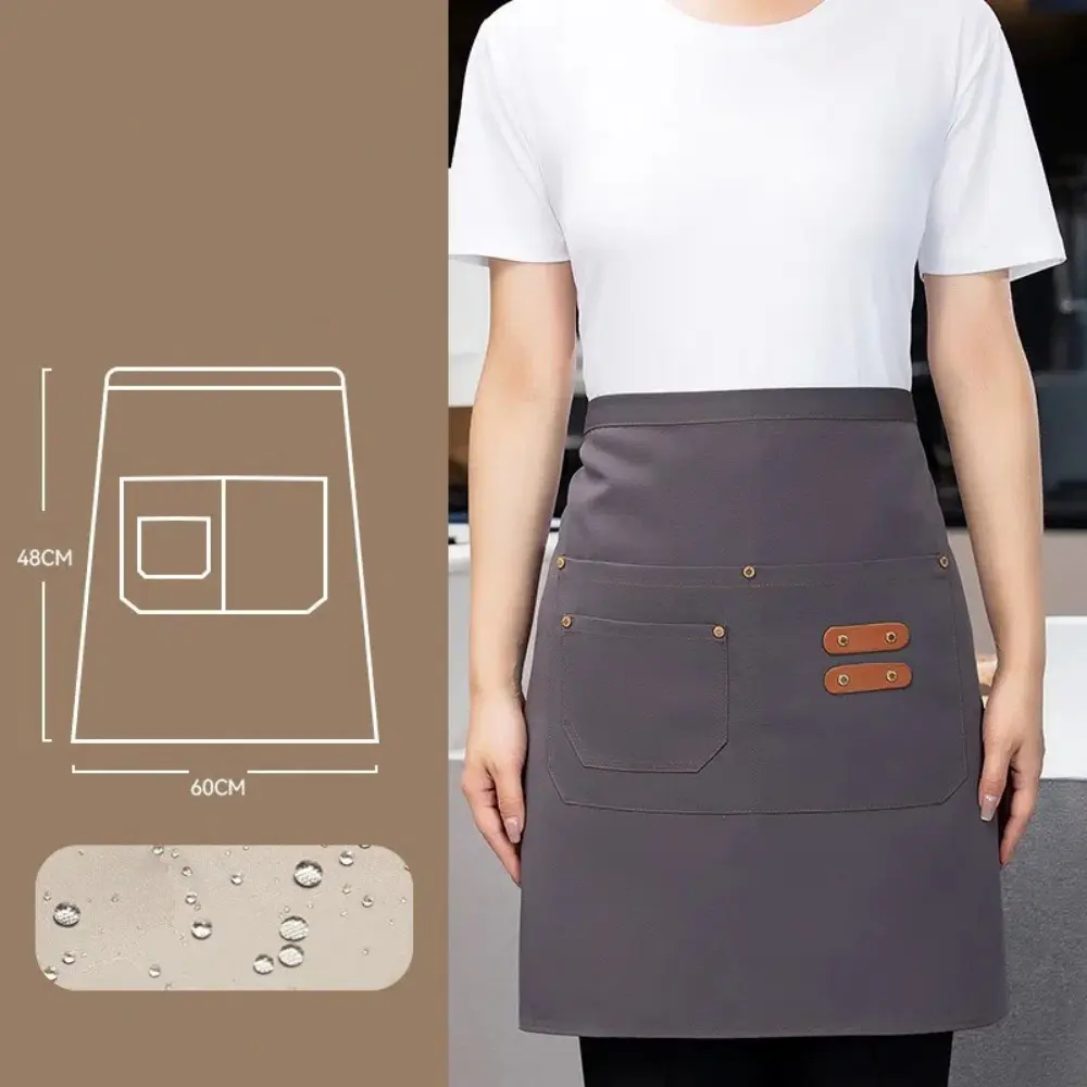 Kitchen Canvas Half Apron Short with Pockets Staff Apron Solid Color Stain-Resistant Waiter Uniform Coffee Shop Hotel Chef