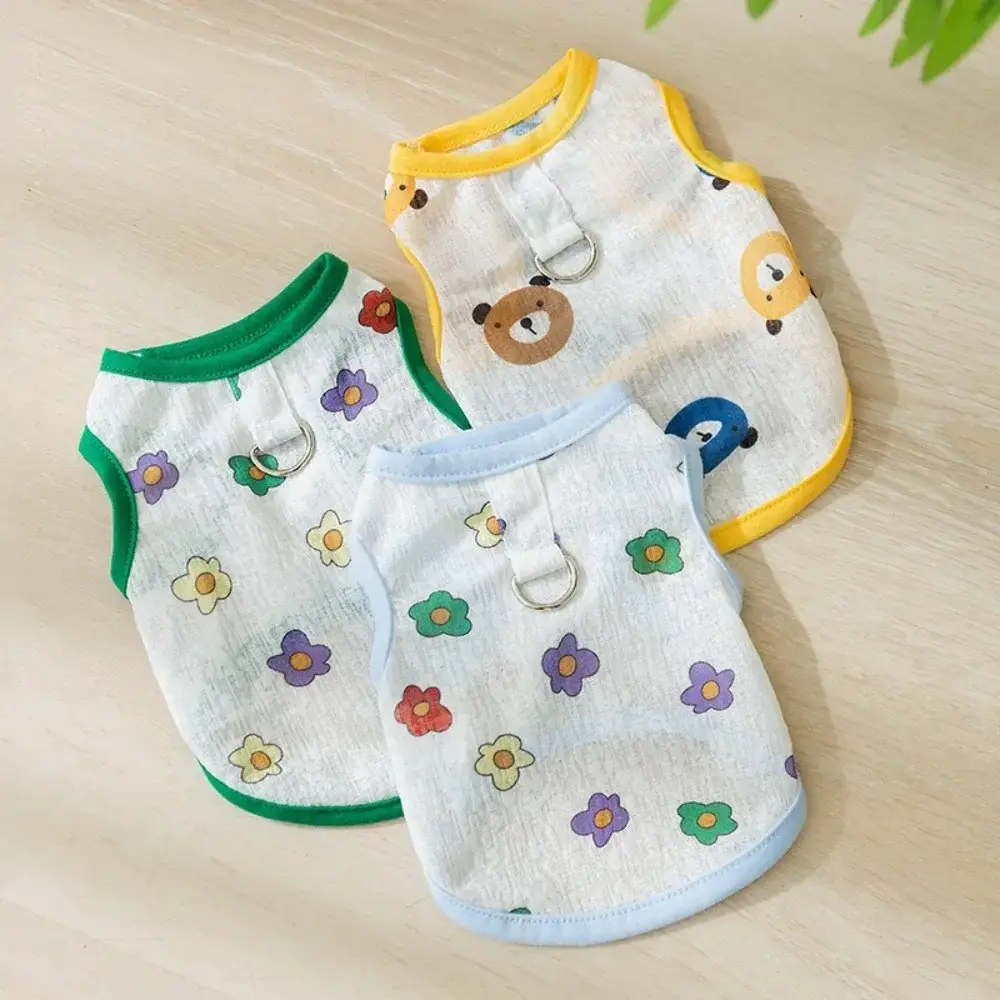 New Cute Flowers Summer Cat Vest Breathable Cartoon Print Puppy Shirts Soft Blue Green Dog Thin T-Shirt for Small Medium Dog