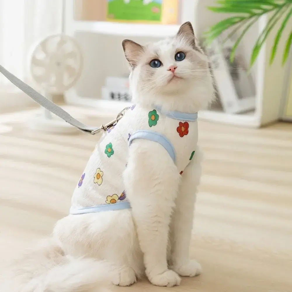 New Cute Flowers Summer Cat Vest Breathable Cartoon Print Puppy Shirts Soft Blue Green Dog Thin T-Shirt for Small Medium Dog