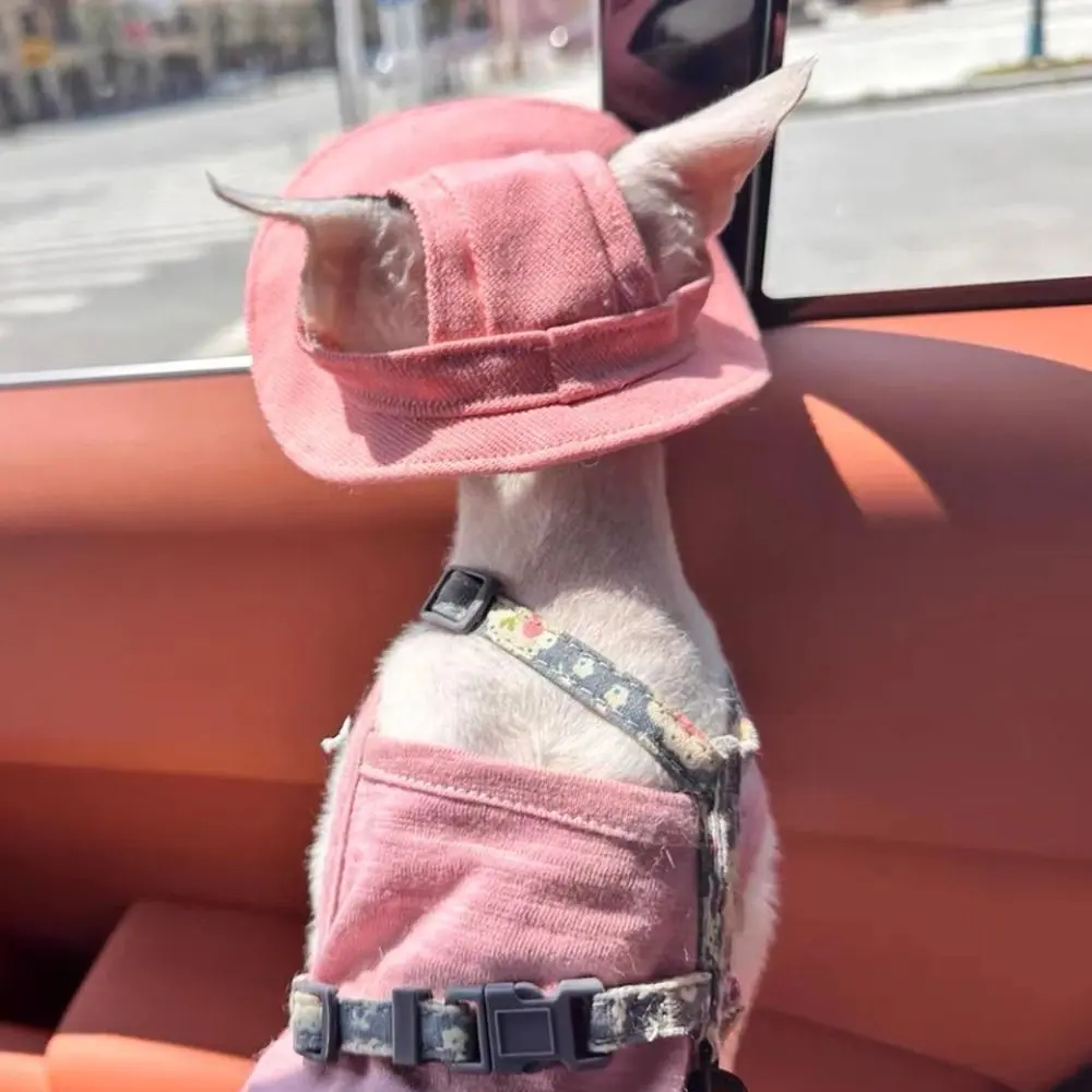 Casual Cotton Pet Sunshade Cap Solid Color Adjustable Dog Cat Bucket Hat Breathable With Ear Holes Pet Sunscreen Tie Hat Outdoor