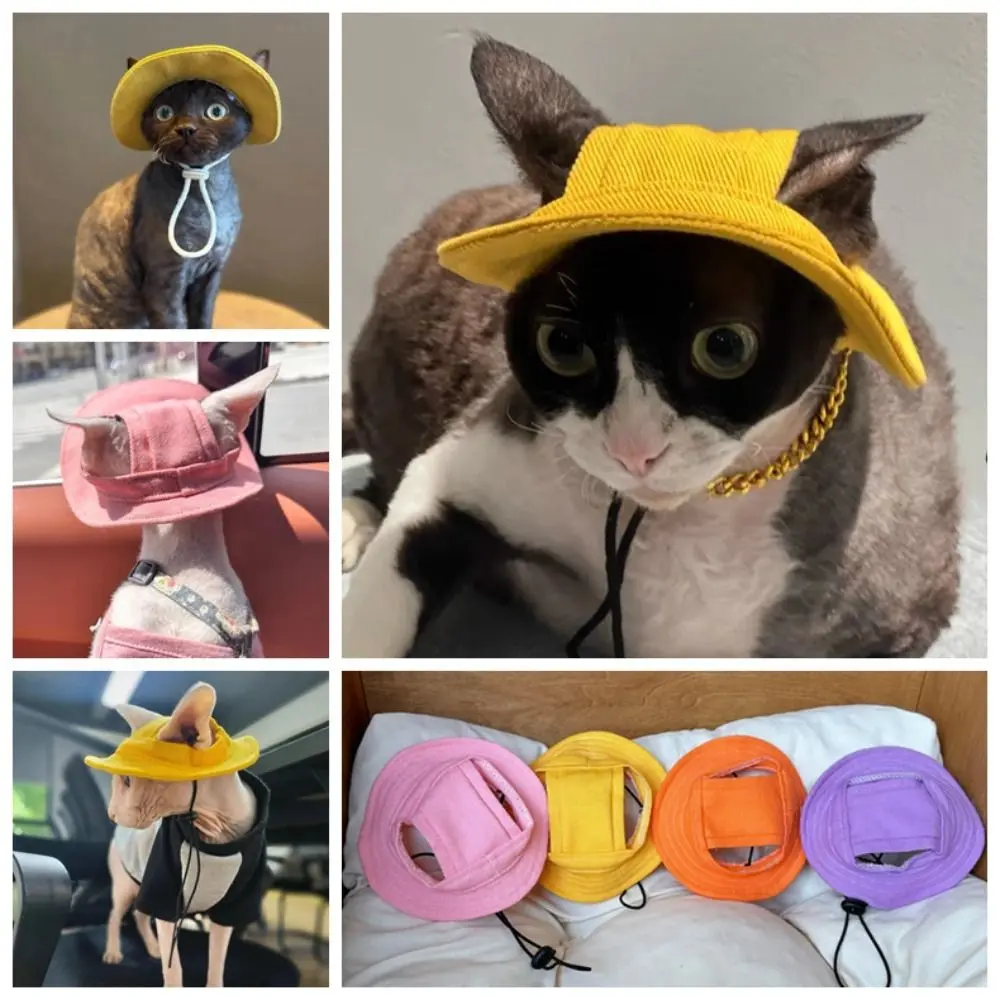 Casual Cotton Pet Sunshade Cap Solid Color Adjustable Dog Cat Bucket Hat Breathable With Ear Holes Pet Sunscreen Tie Hat Outdoor