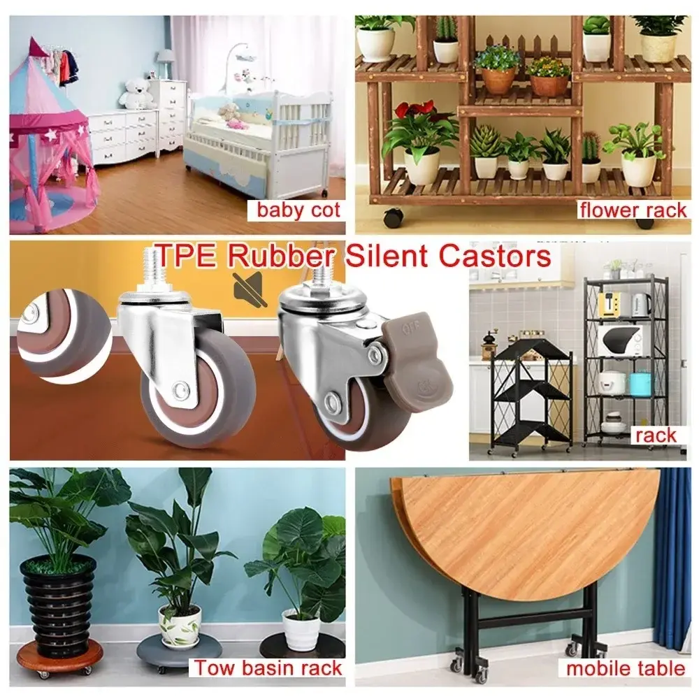 4PCS New 1.5" / 2" Wheel Threaded Stem Swivel Casters No Noise Brakes Furniture Castor M8 M10 Rubber Castor for Baby Bed