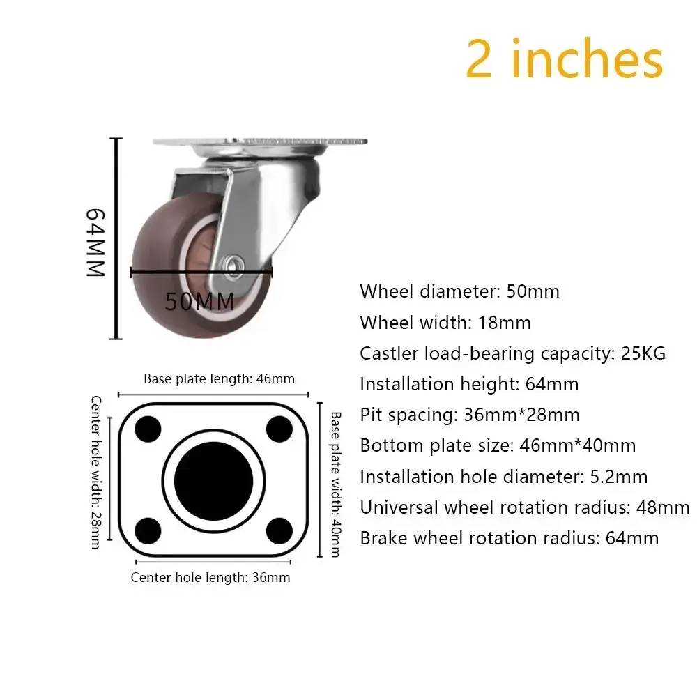 4PCS New 1.5" / 2" Wheel Threaded Stem Swivel Casters No Noise Brakes Furniture Castor M8 M10 Rubber Castor for Baby Bed