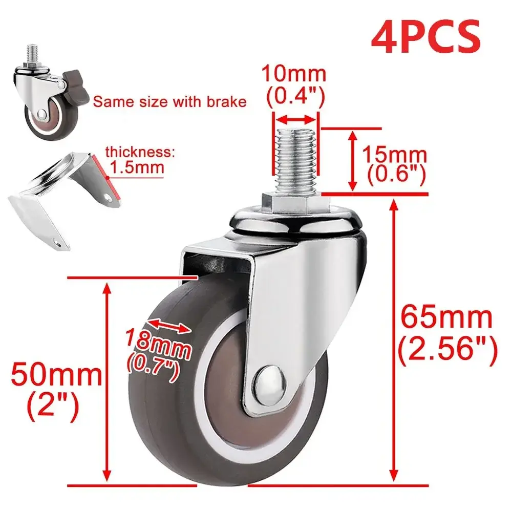 4PCS New 1.5" / 2" Wheel Threaded Stem Swivel Casters No Noise Brakes Furniture Castor M8 M10 Rubber Castor for Baby Bed