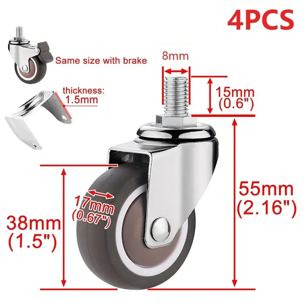 4PCS New 1.5" / 2" Wheel Threaded Stem Swivel Casters No Noise Brakes Furniture Castor M8 M10 Rubber Castor for Baby Bed