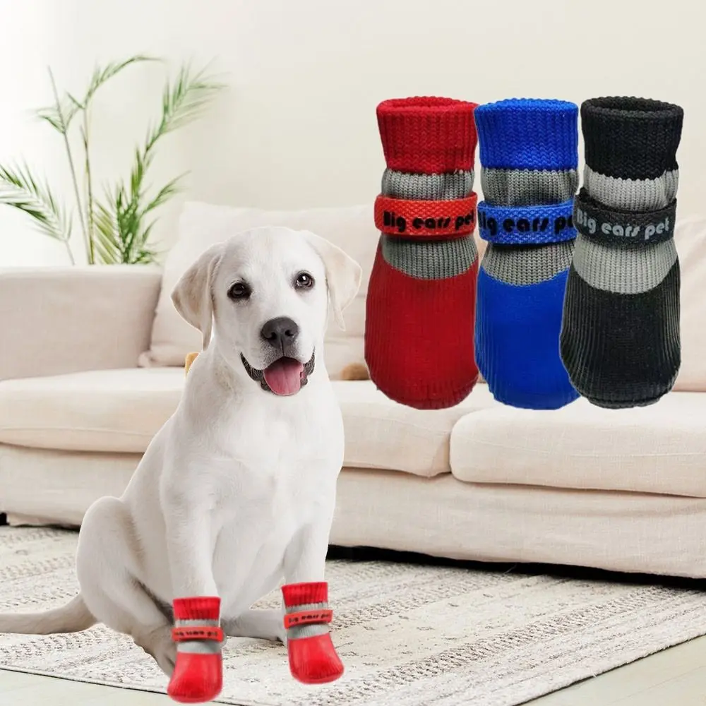 4PCS Cute Waterproof Winter Dog Shoes Warm Soft Sole Puppy Boots Anti-Slip Adjustable Pet Paw Protectors for Small Dog Chihuahua