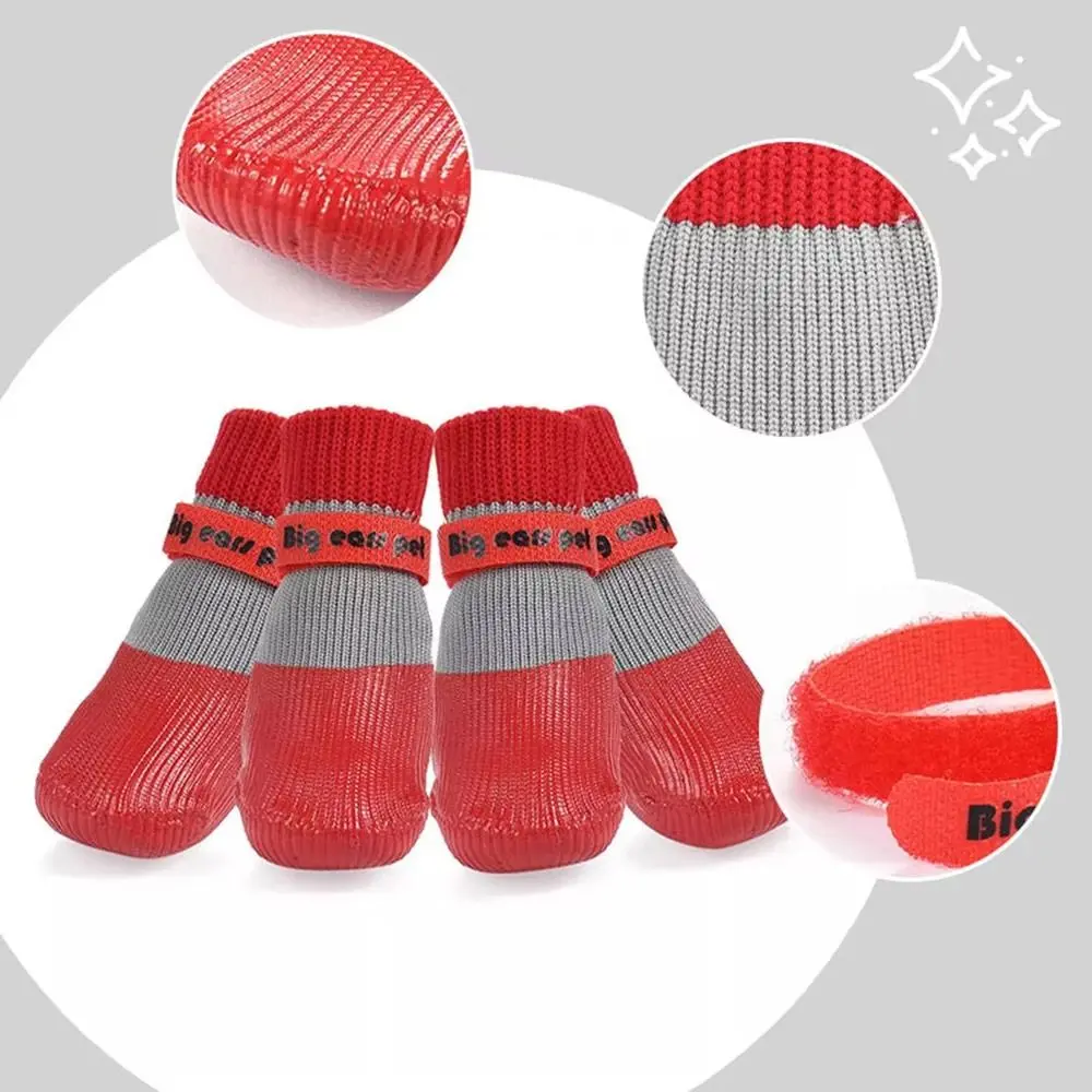 4PCS Cute Waterproof Winter Dog Shoes Warm Soft Sole Puppy Boots Anti-Slip Adjustable Pet Paw Protectors for Small Dog Chihuahua