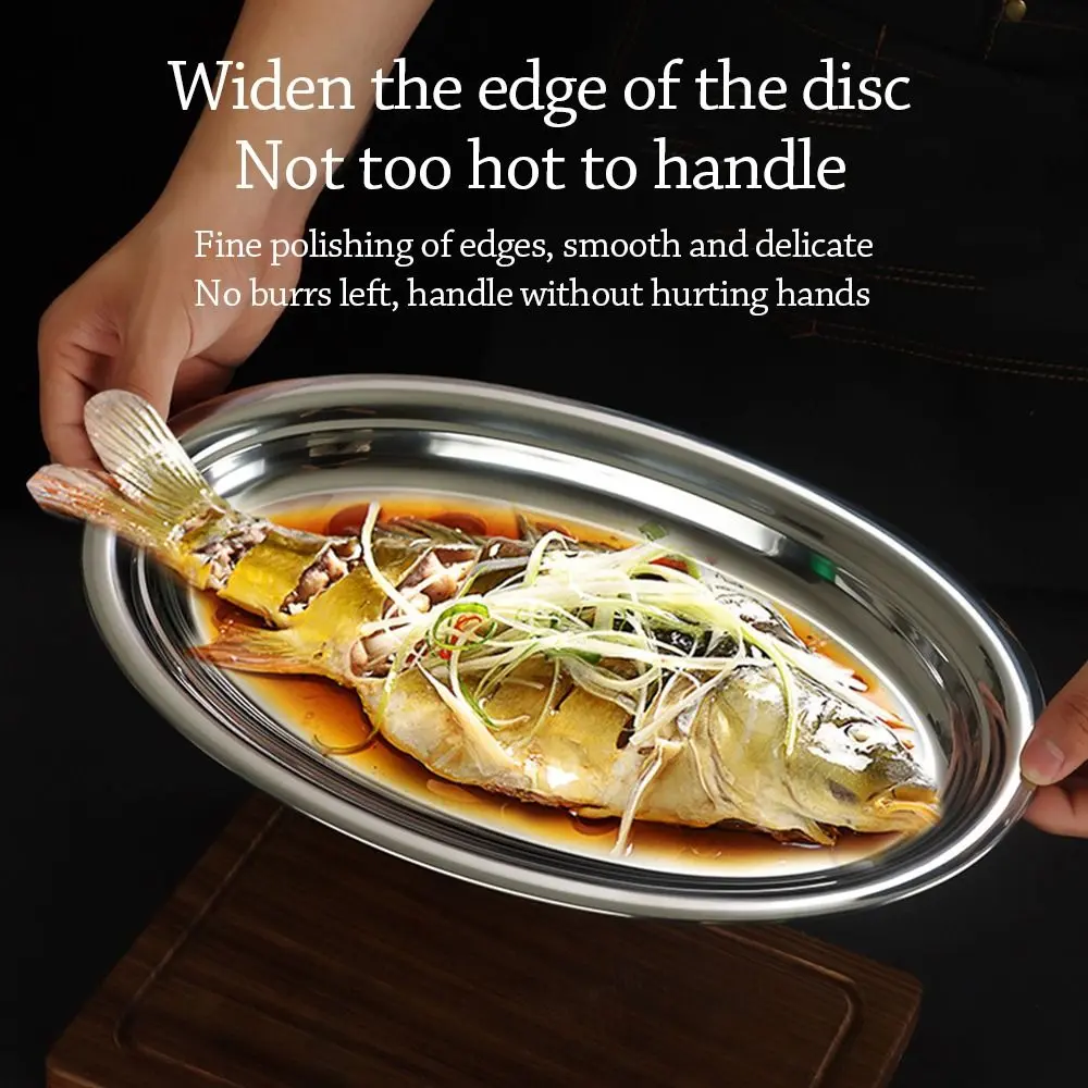 Durable 304 Stainless Steel Food Storage Serving Tray Multi-Size Large Capacity Baking tray Ellipse Steamed fish dish Barbecue
