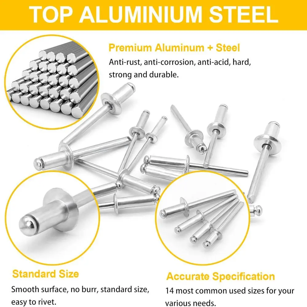 500Pcs/Set 304 Stainless Steel Mushroom Head Rivets Kit Round Head Black Blind Rivets 14 Sizes Durable Pop Rivets