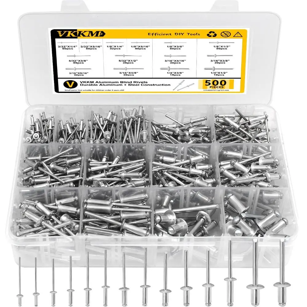 500Pcs/Set 304 Stainless Steel Mushroom Head Rivets Kit Round Head Black Blind Rivets 14 Sizes Durable Pop Rivets