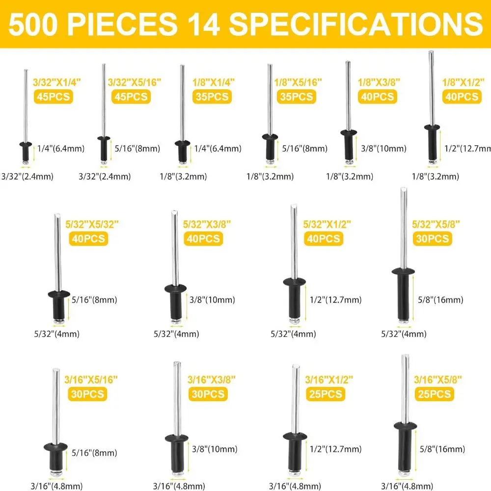 500Pcs/Set 304 Stainless Steel Mushroom Head Rivets Kit Round Head Black Blind Rivets 14 Sizes Durable Pop Rivets
