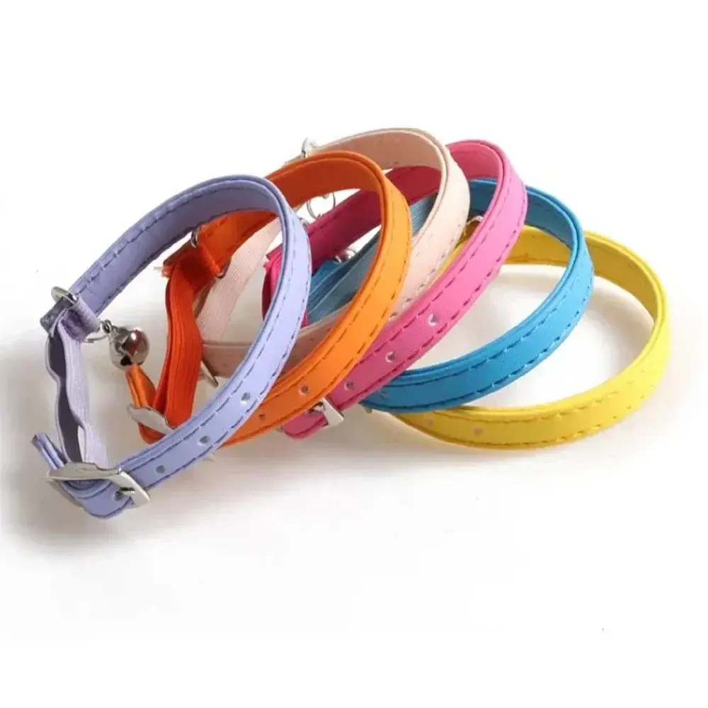 Cute Small Cat Collar Macaron Color Adjustable Pet Collar with Bells Elastic Webbing PU Leather Collar for Puppies and Cats