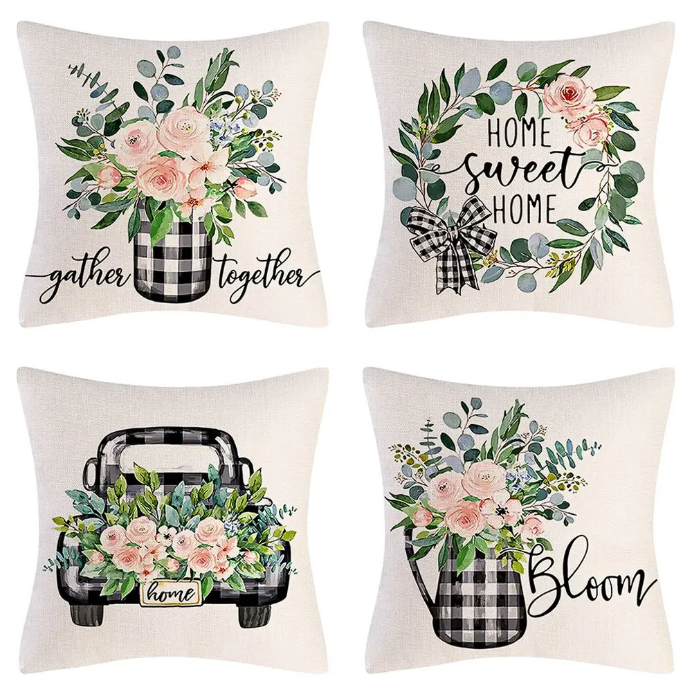 Linen Pillow Cover Spring Summer Style Farmhouse Cushion Covers Plaid Floral Bloom Home Sweet Home Decor Throw Pillow Covers