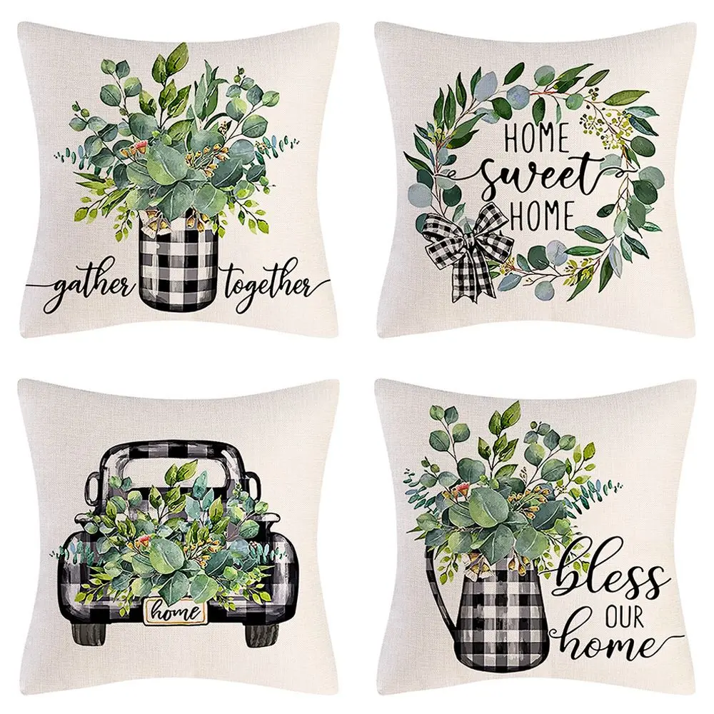Linen Pillow Cover Spring Summer Style Farmhouse Cushion Covers Plaid Floral Bloom Home Sweet Home Decor Throw Pillow Covers