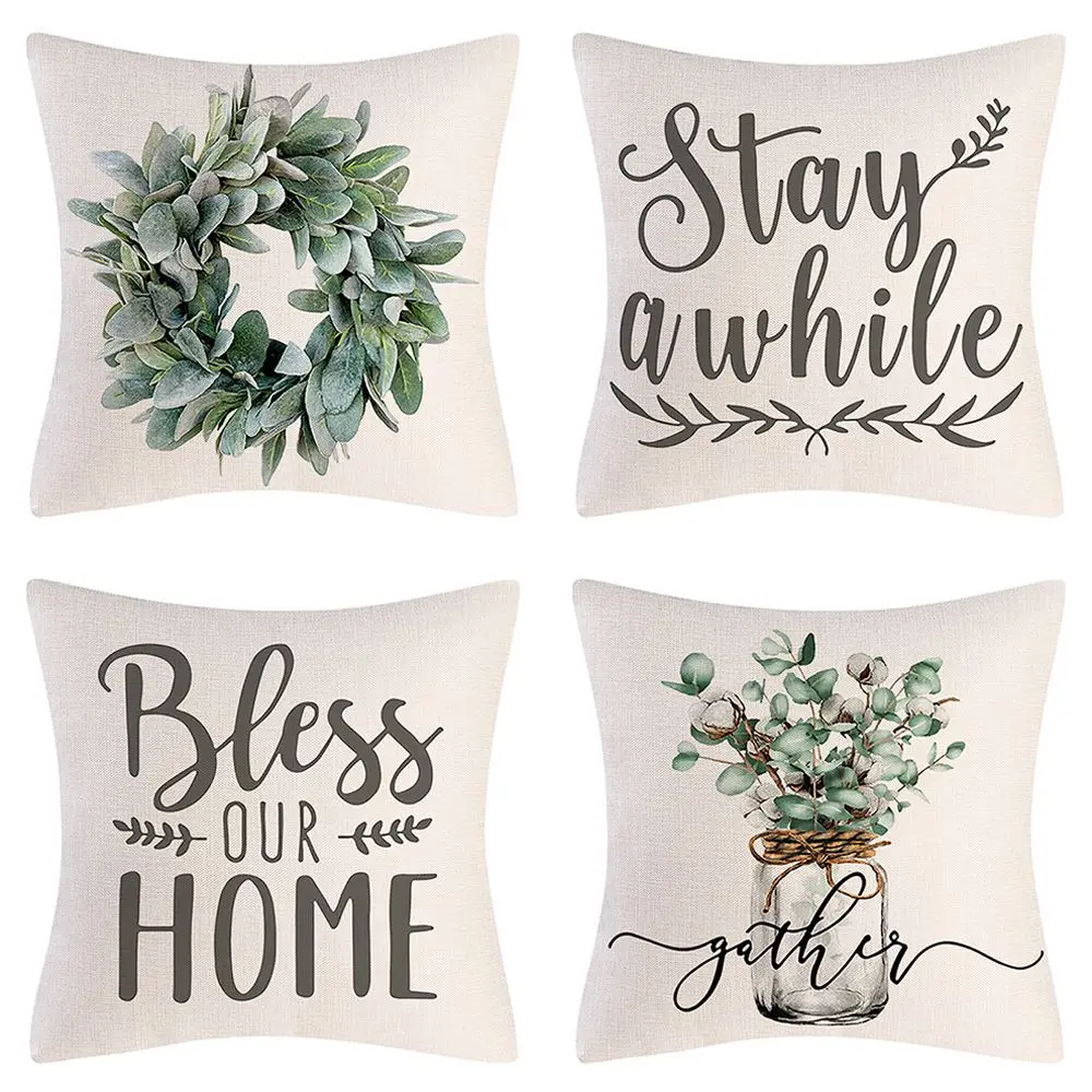 Linen Pillow Cover Spring Summer Style Farmhouse Cushion Covers Plaid Floral Bloom Home Sweet Home Decor Throw Pillow Covers