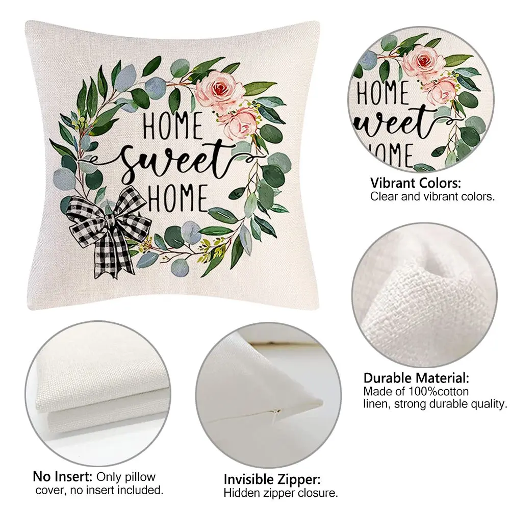 Linen Pillow Cover Spring Summer Style Farmhouse Cushion Covers Plaid Floral Bloom Home Sweet Home Decor Throw Pillow Covers