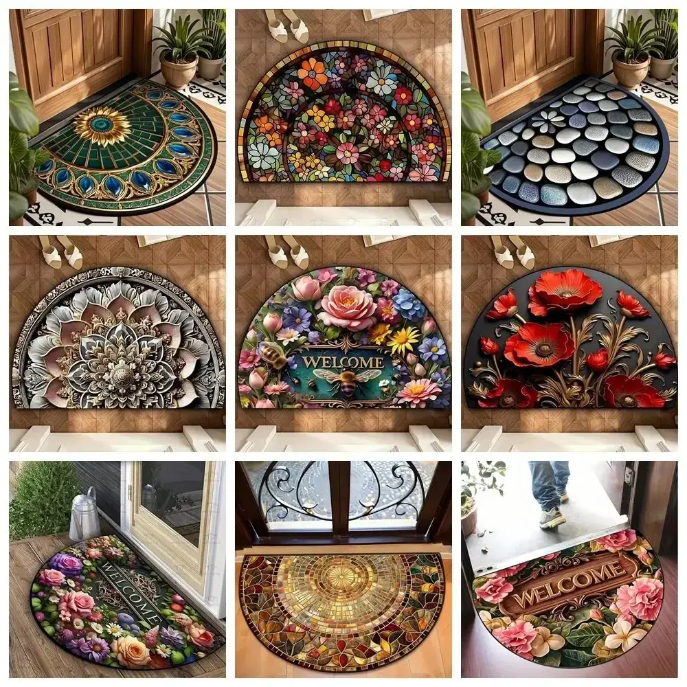 Non Slip Half Round Doormat Flower Floral Absorbent Welcome Rugs Washable Door Mat Entrance Mat Indoor Outdoor