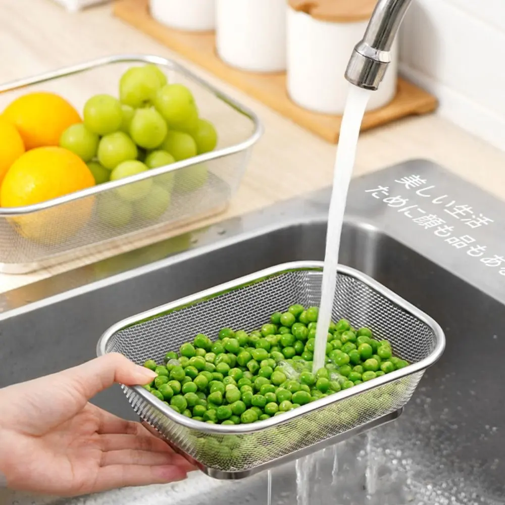 Simple Square Drain Basket Thickened Hollow Out Rice Washing Basin Stainless Steel Kitchen Storage Basket