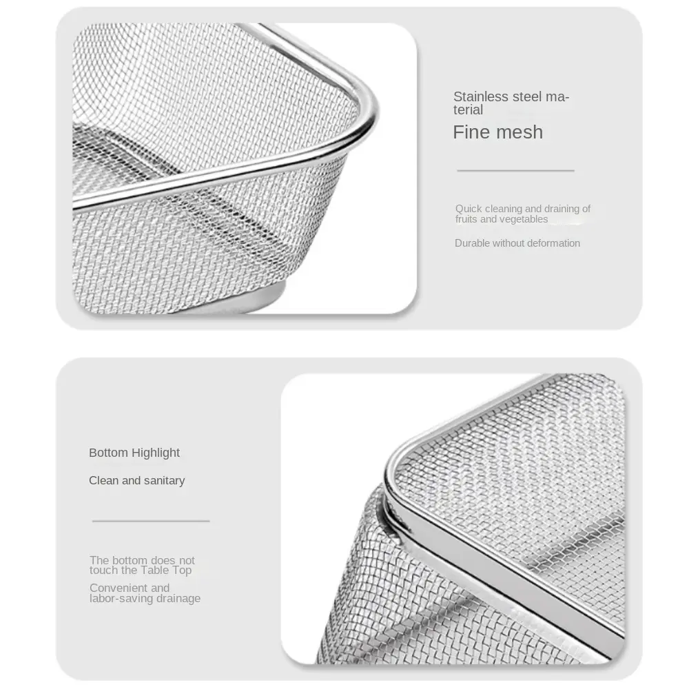 Simple Square Drain Basket Thickened Hollow Out Rice Washing Basin Stainless Steel Kitchen Storage Basket