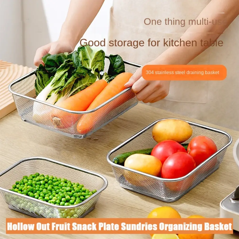 Simple Square Drain Basket Thickened Hollow Out Rice Washing Basin Stainless Steel Kitchen Storage Basket