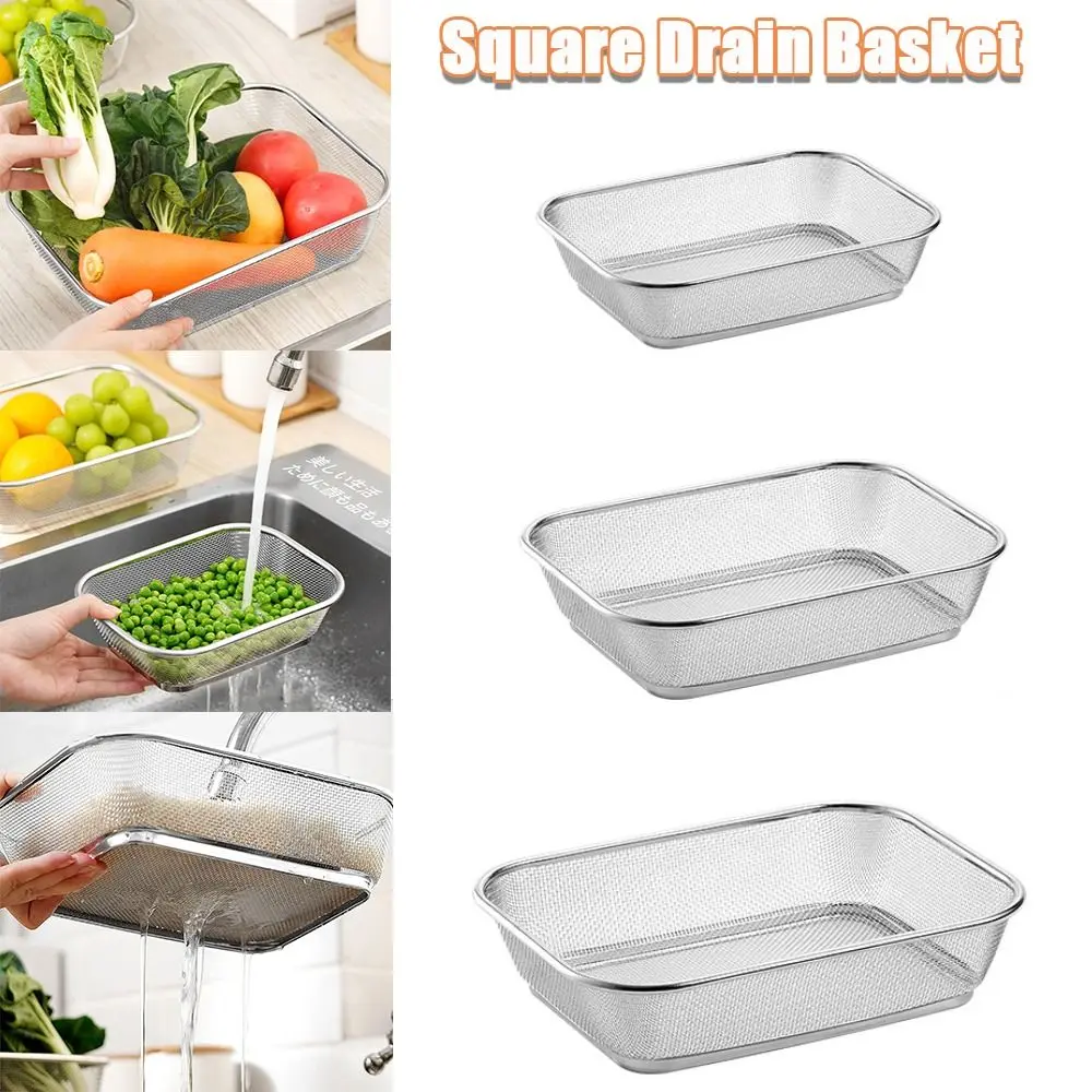 Simple Square Drain Basket Thickened Hollow Out Rice Washing Basin Stainless Steel Kitchen Storage Basket